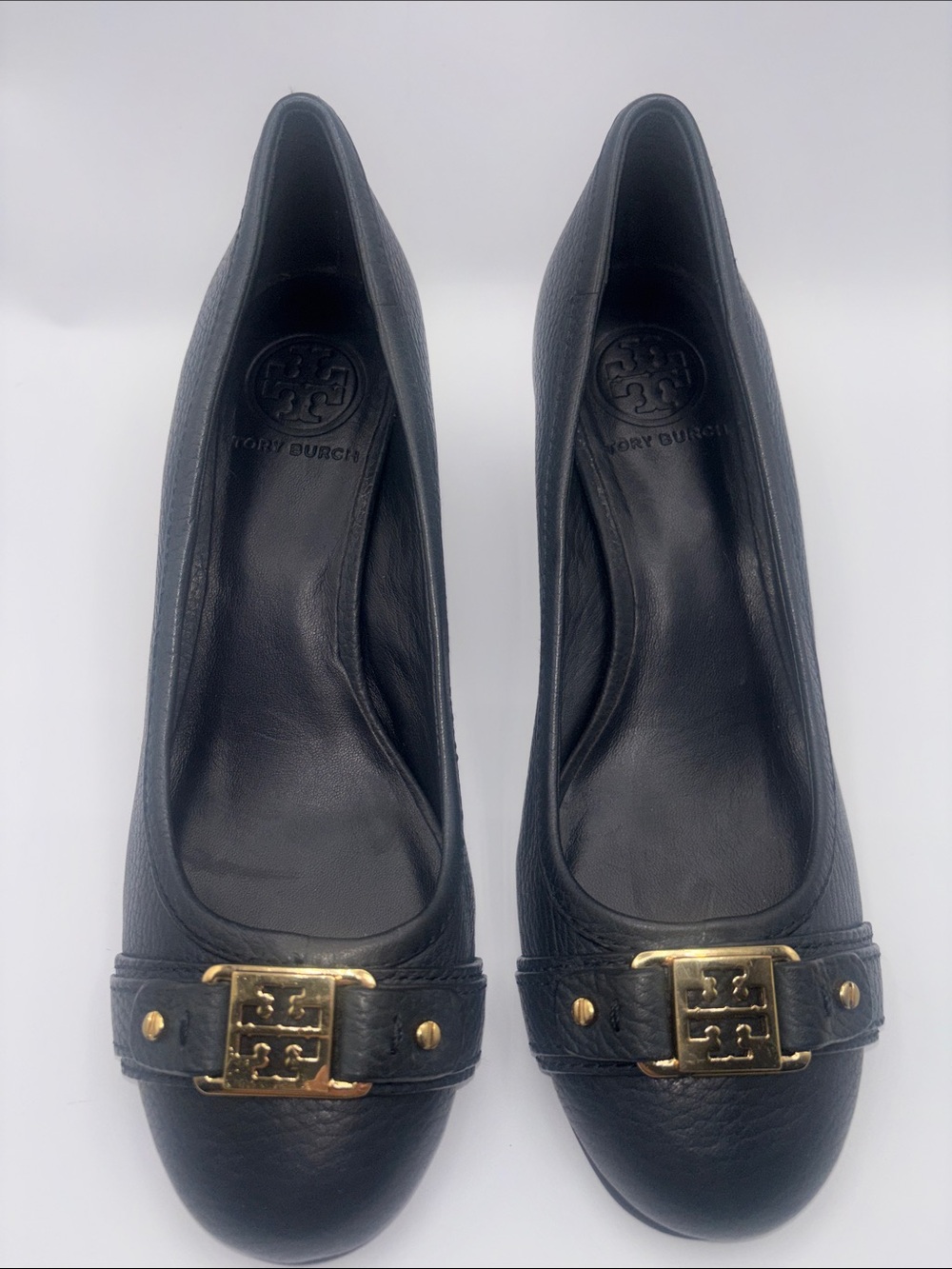 Tory Burch Navy Leather Logo Wedges